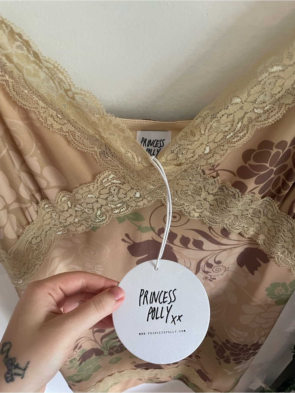 Princess Polly Fairy Grunge Whimsical Y2K Beige Floral Satin Lace Slip Dress 18 - Picture 9 of 9